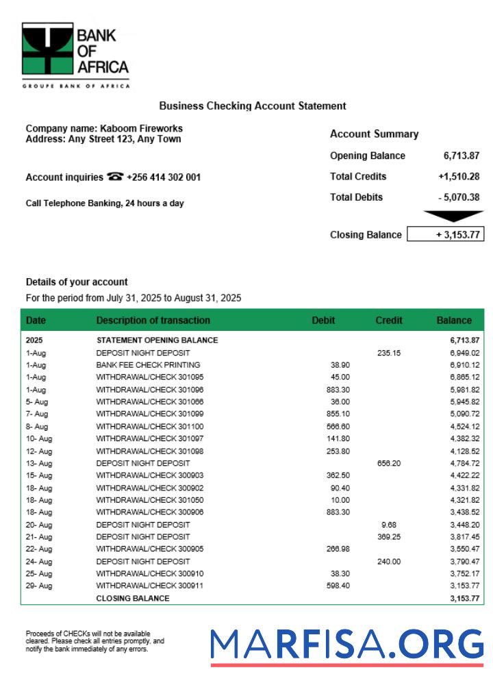 Downloadable Uganda Bank of Africa firm account statement Word and PDF template